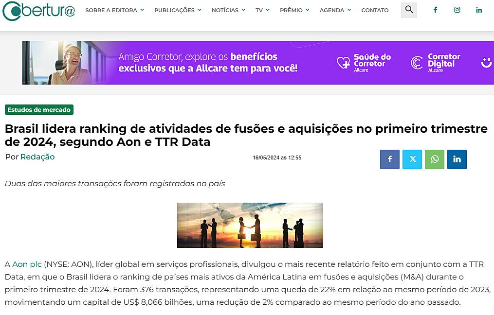 Brasil lidera ranking de atividades de fuses e aquisies no primeiro trimestre de 2024, segundo Aon e TTR Data